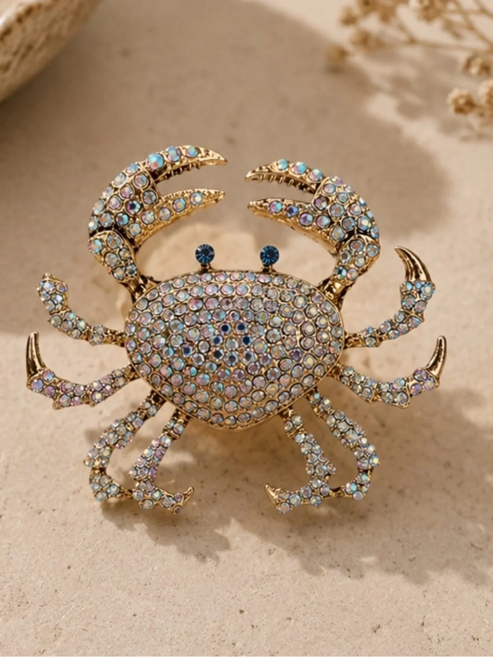 Gold-Tone Crystal Crab Brooch - Iridescent Blue Accent